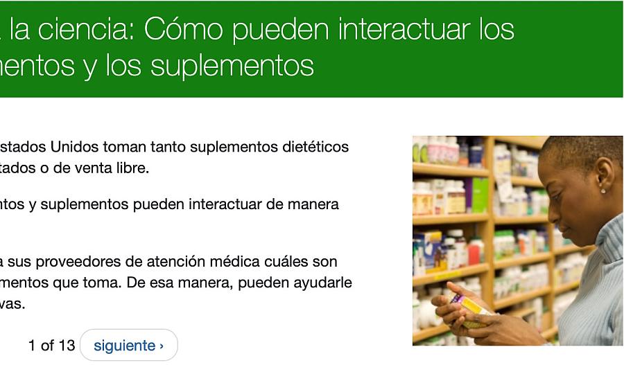 Captura de pantalla de la página de internet en español de Conozca la ciencia: Cómo interactúan los medicamentos y los suplementos.